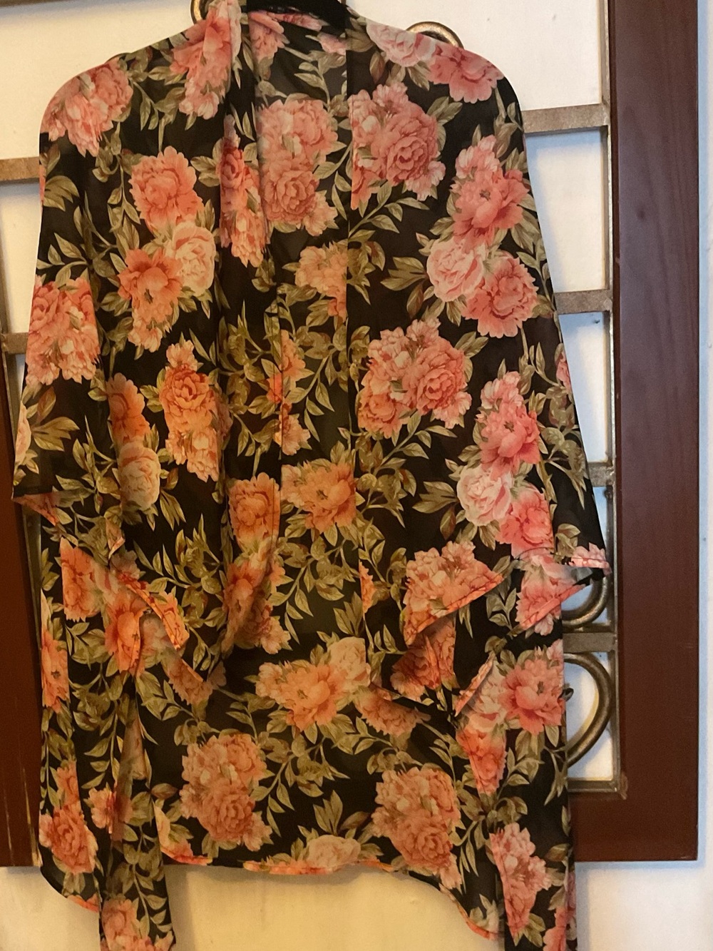 XL Floral Chiffon Sheer Draped Kimono Cardigan - Black & Pink